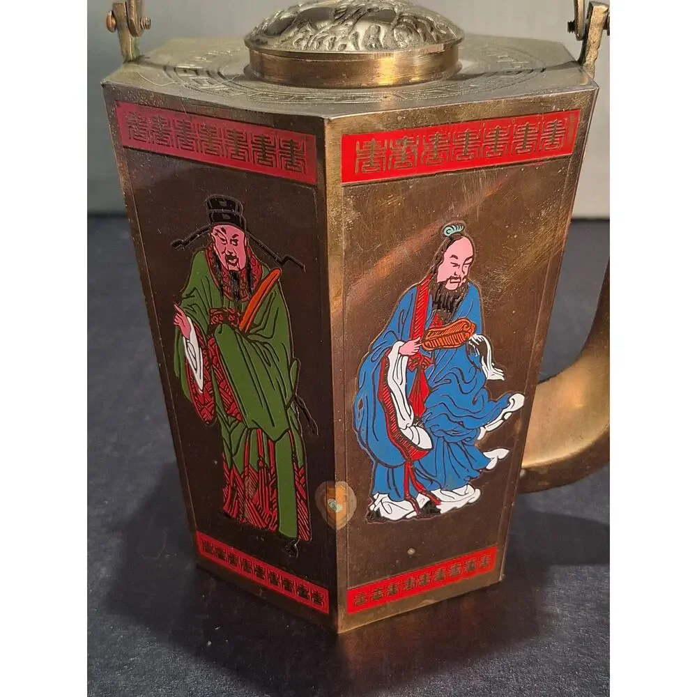 1950s Chinese Hexagonal Brass Teapot Enamel Figures No Taiwan Export Mark!